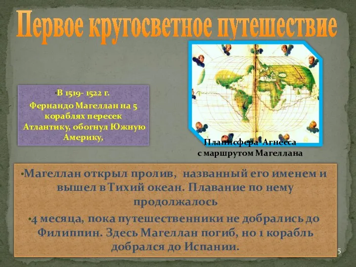 Первое кругосветное путешествие Планисфера Агнесса с маршрутом Магеллана Магеллан открыл пролив,