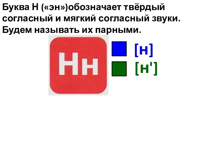 Буква Н («эн»)обозначает твёрдый согласный и мягкий согласный звуки. Будем называть их парными. [н] [н']