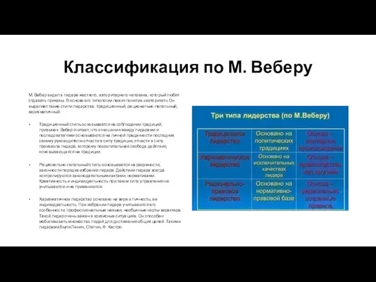 Классификация по М. Веберу М. Вебер видел в лидере жесткого, авторитарного