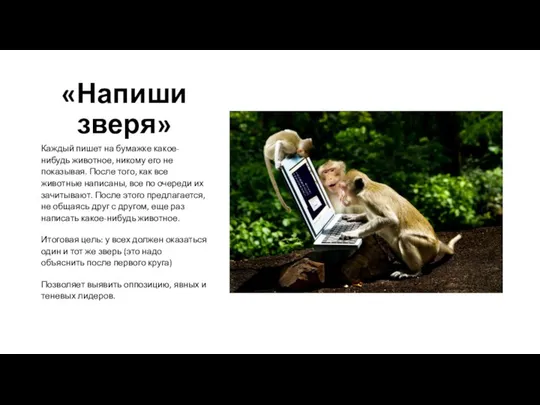 «Напиши зверя» Каждый пишет на бумажке какое-нибудь животное, никому его не