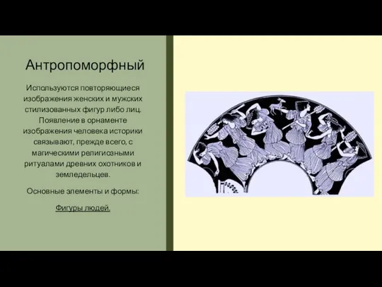 Антропоморфный Используются повторяющиеся изображения женских и мужских стилизованных фигур либо лиц.