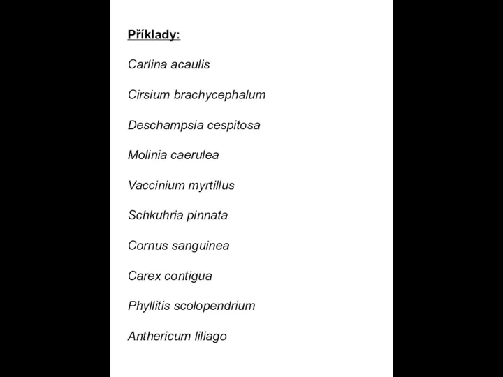 Příklady: Carlina acaulis Cirsium brachycephalum Deschampsia cespitosa Molinia caerulea Vaccinium myrtillus