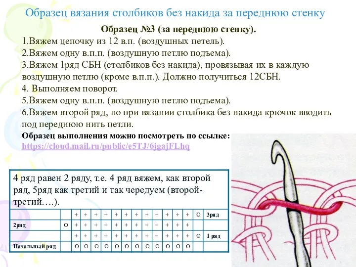 Образец №3 (за переднюю стенку). 1.Вяжем цепочку из 12 в.п. (воздушных