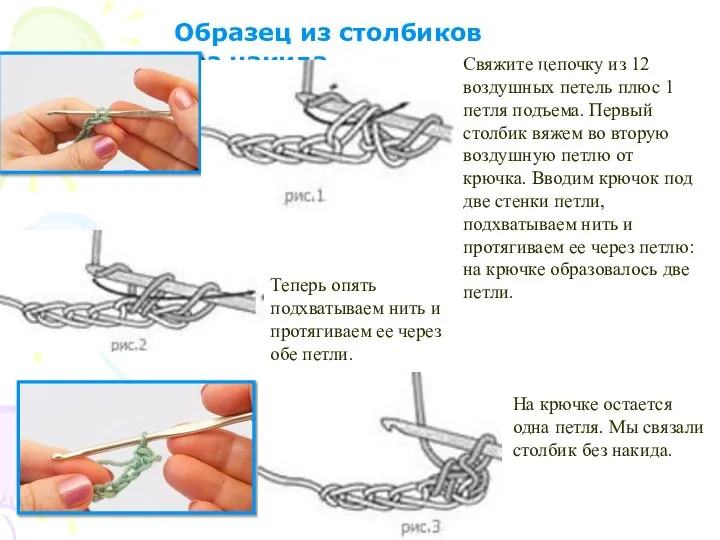 Образец из столбиков без накида Свяжите цепочку из 12 воздушных петель