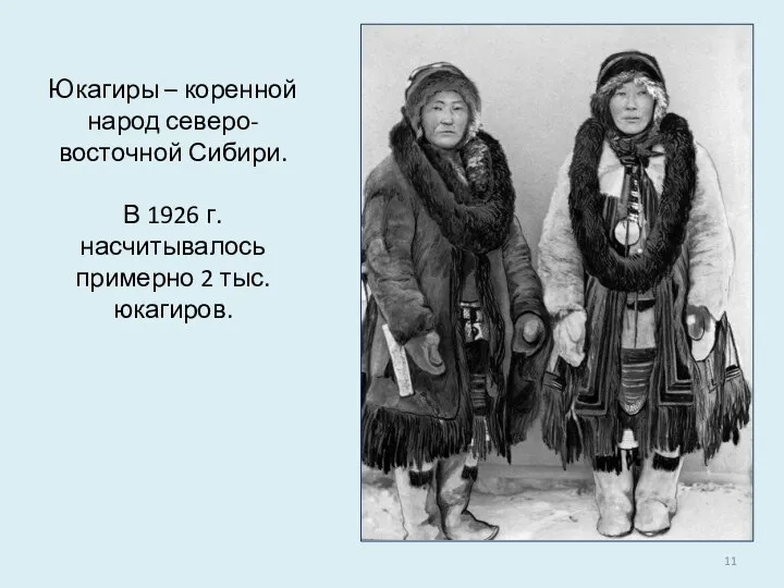 Юкагиры – коренной народ северо-восточной Сибири. В 1926 г. насчитывалось примерно 2 тыс. юкагиров.