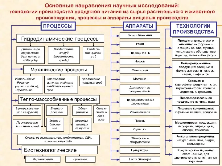 Основные направления научных исследований: технологии производства продуктов питания из сырья растительного