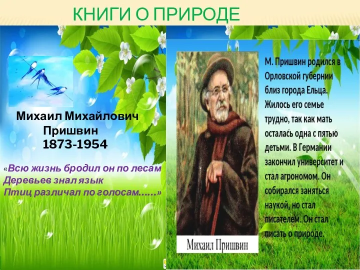 КНИГИ О ПРИРОДЕ Михаил Михайлович Пришвин 1873-1954 «Всю жизнь бродил он