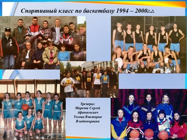 Спортивный класс по баскетболу 1994 – 2000г.г. Тренеры: Морозов Сергей Афанасьевич Ускова Виктория Владимировна