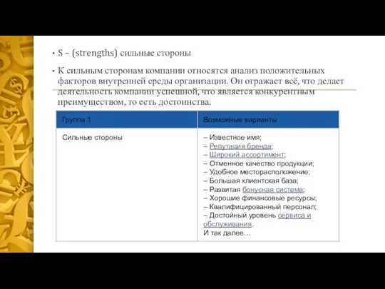 S – (strengths) сильные стороны К сильным сторонам компании относятся анализ