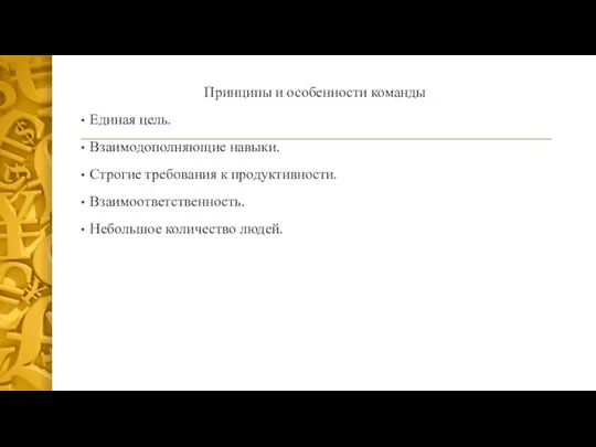 Принципы и особенности команды Единая цель. Взаимодополняющие навыки. Строгие требования к продуктивности. Взаимоответственность. Небольшое количество людей.