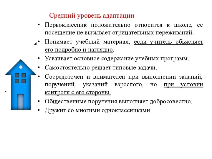 Средний уровень адаптации Первоклассник положительно относится к школе, ее посещение не