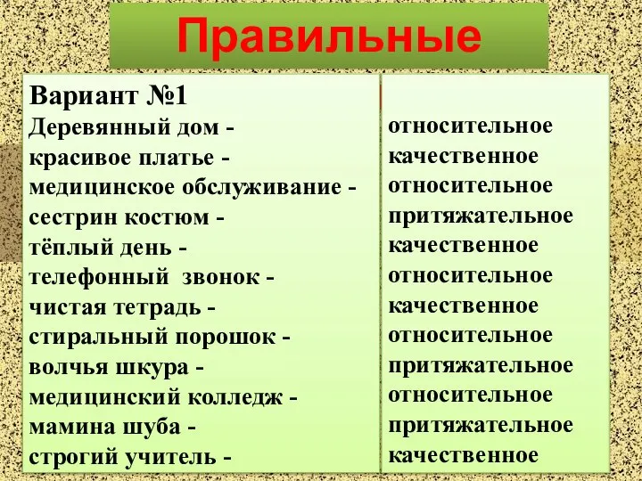 Правильные ответы Вариант №1 Деревянный дом - красивое платье - медицинское