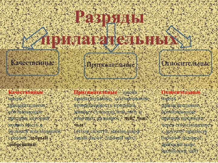 Разряды прилагательных Качественные Притяжательные Относительные Качественные - имена прилагательные, обозначающие признак,