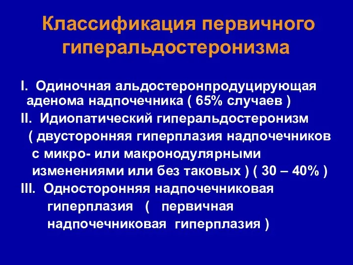 Классификация первичного гиперальдостеронизма I. Одиночная альдостеронпродуцирующая аденома надпочечника ( 65% случаев