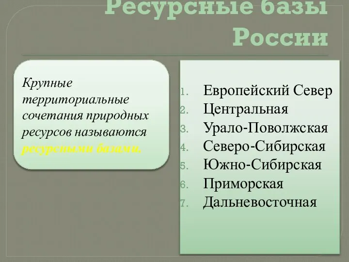 Ресурсные базы России Европейский Север Центральная Урало-Поволжская Северо-Сибирская Южно-Сибирская Приморская Дальневосточная