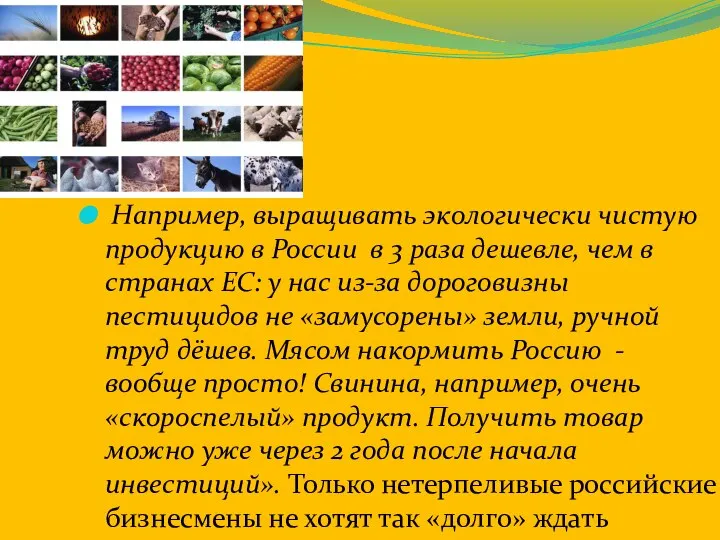 Например, выращивать экологически чистую продукцию в России в 3 раза дешевле,