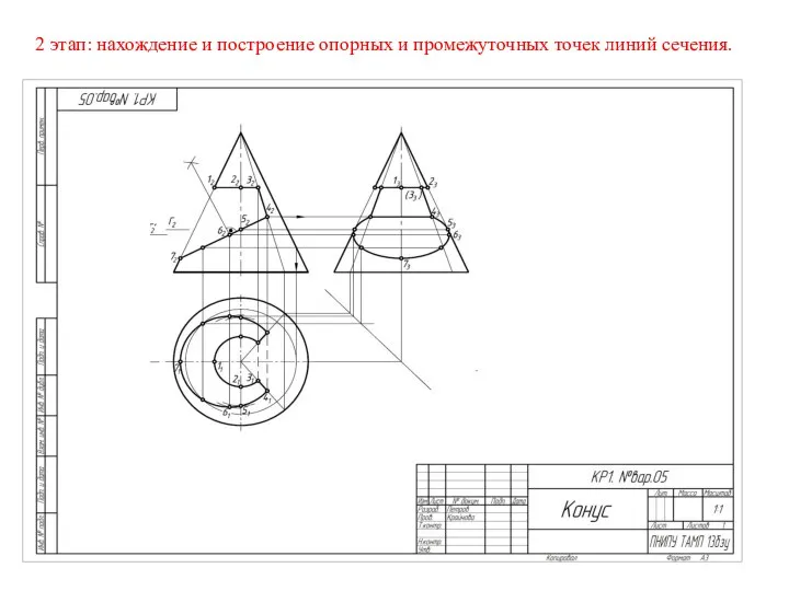 2 этап: нахождение и построение опорных и промежуточных точек линий сечения.