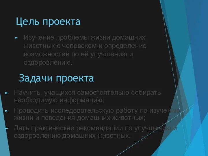 Цель проекта Изучение проблемы жизни домашних животных с человеком и определение