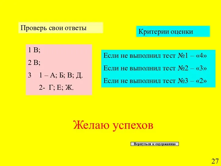 Проверь свои ответы 1 В; 2 В; 1 – А; Б;