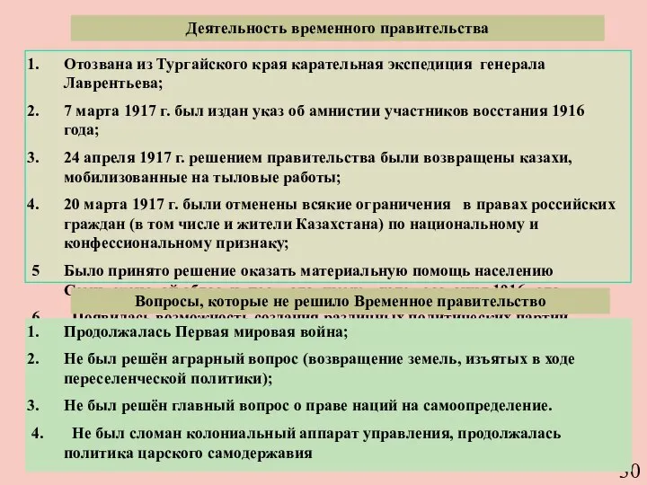 Деятельность временного правительства Отозвана из Тургайского края карательная экспедиция генерала Лаврентьева;