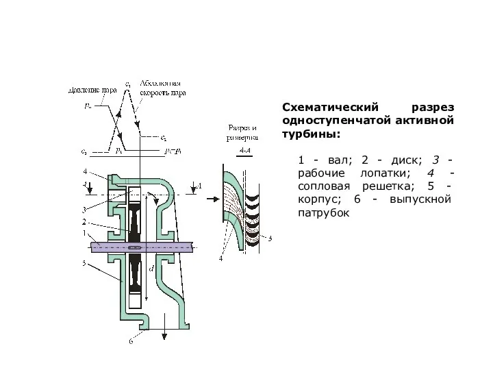 Схематический разрез одноступенчатой активной турбины: 1 - вал; 2 - диск;