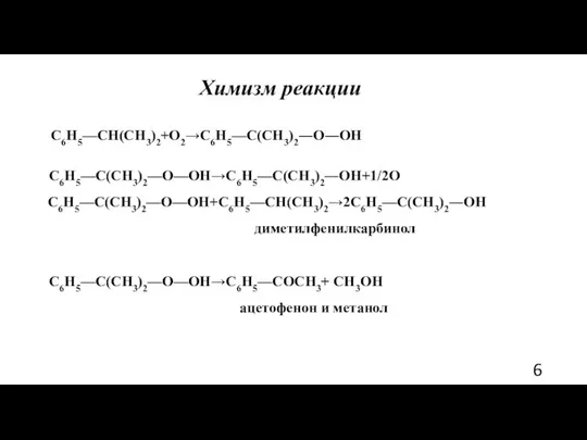 Химизм реакции С6Н5—СН(СН3)2+О2→С6Н5—С(СН3)2―О―ОН С6Н5—С(СН3)2—О—ОН→С6Н5—С(СН3)2―ОН+1/2О С6Н5—С(СН3)2—О—ОН+С6Н5—СН(СН3)2→2С6Н5—С(СН3)2―ОН диметилфенилкарбинол С6Н5—С(СН3)2—О—ОН→С6Н5—СОСН3+ СН3ОН ацетофенон и метанол