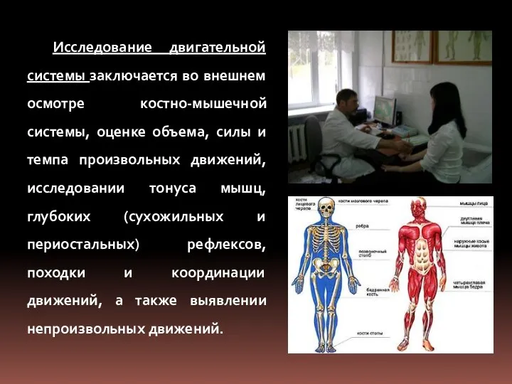 Исследование двигательной системы заключается во внешнем осмотре костно-мышечной системы, оценке объема,