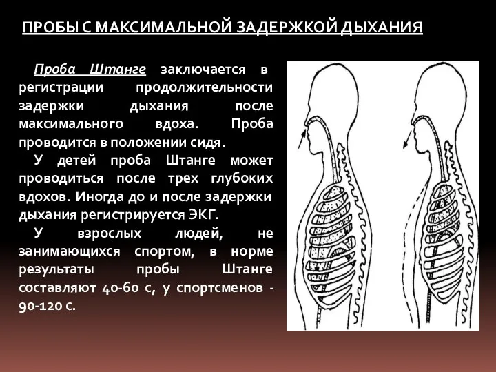 ПРОБЫ С МАКСИМАЛЬНОЙ ЗАДЕРЖКОЙ ДЫХАНИЯ Проба Штанге заключается в регистрации продолжительности