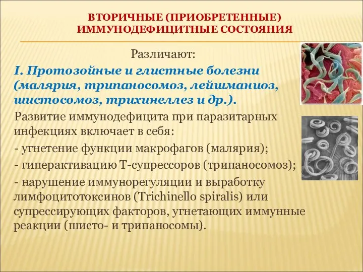 ВТОРИЧНЫЕ (ПРИОБРЕТЕННЫЕ) ИММУНОДЕФИЦИТНЫЕ СОСТОЯНИЯ Различают: I. Протозойные и глистные болезни (малярия,