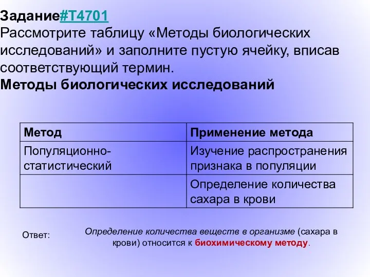 Задание#T4701 Рассмотрите таблицу «Методы биологических исследований» и заполните пустую ячейку, вписав