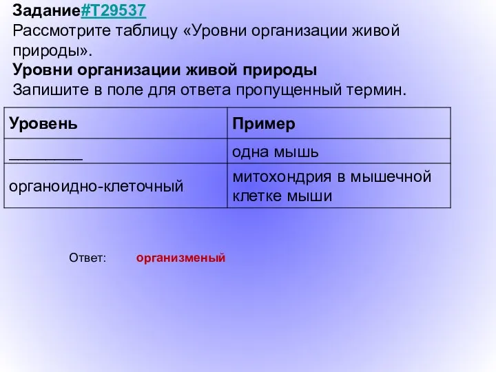 Задание#T29537 Рассмотрите таблицу «Уровни организации живой природы». Уровни организации живой природы