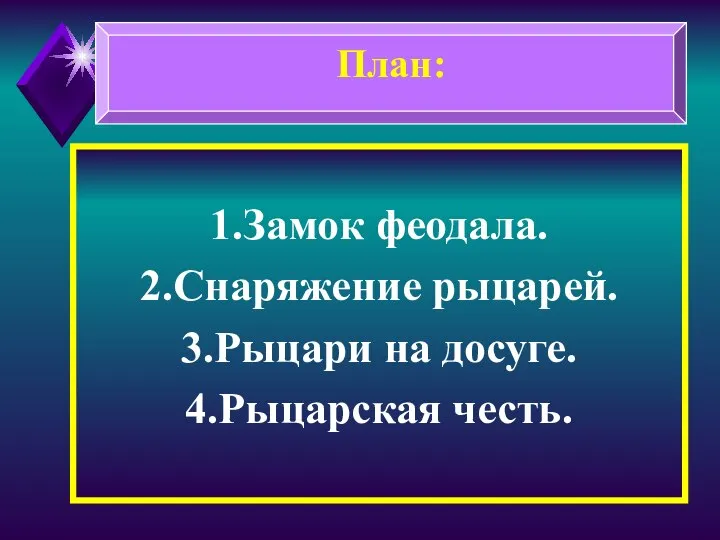 1.Замок феодала. 2.Снаряжение рыцарей. 3.Рыцари на досуге. 4.Рыцарская честь. План: