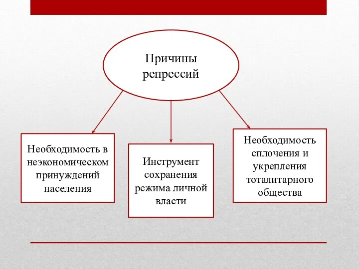 Причины репрессий Необходимость в неэкономическом принуждений населения Инструмент сохранения режима личной