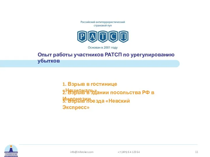 Опыт работы участников РАТСП по урегулированию убытков 1. Взрыв в гостинице