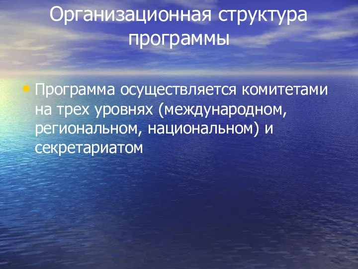 Организационная структура программы Программа осуществляется комитетами на трех уровнях (международном, региональном, национальном) и секретариатом