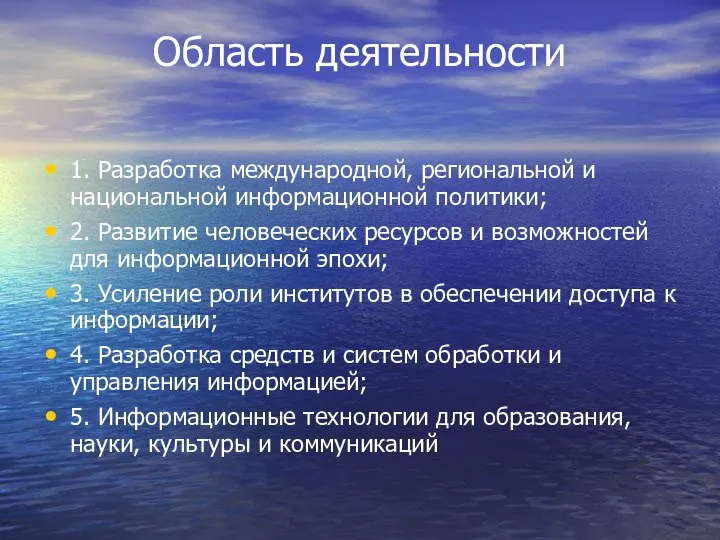 Область деятельности 1. Разработка международной, региональной и национальной информационной политики; 2.