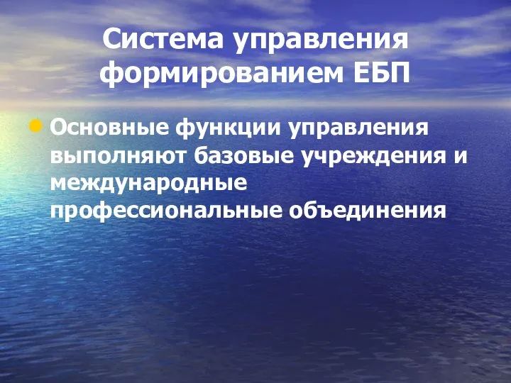 Система управления формированием ЕБП Основные функции управления выполняют базовые учреждения и международные профессиональные объединения