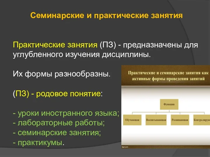 Семинарские и практические занятия Практические занятия (ПЗ) - предназначены для углубленного