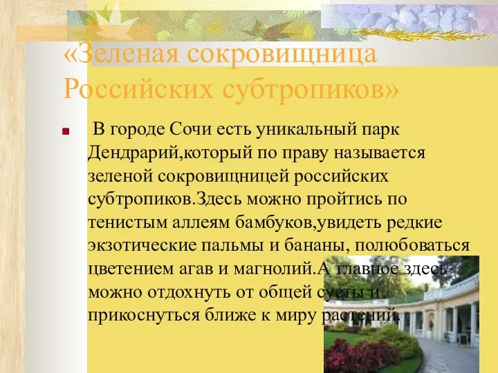«Зеленая сокровищница Российских субтропиков» В городе Сочи есть уникальный парк Дендрарий,который