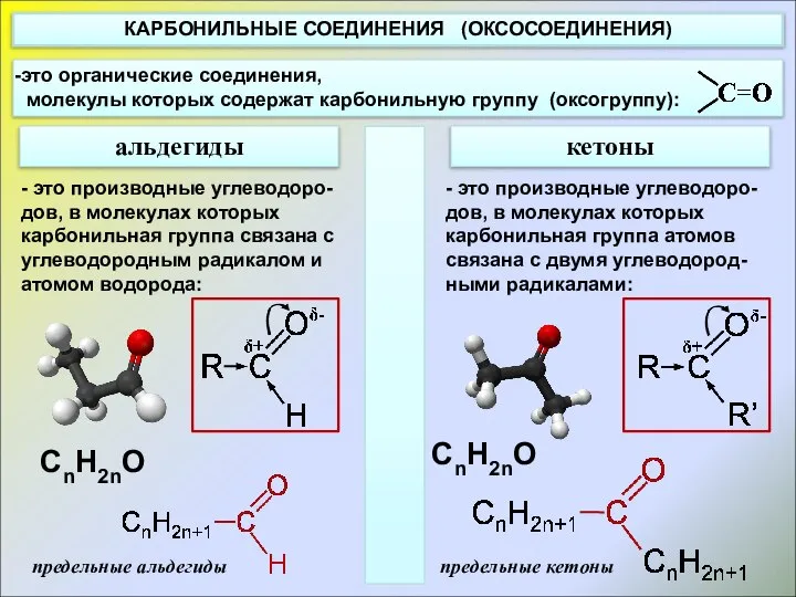 КАРБОНИЛЬНЫЕ СОЕДИНЕНИЯ (ОКСОСОЕДИНЕНИЯ) альдегиды кетоны - это производные углеводоро-дов, в молекулах