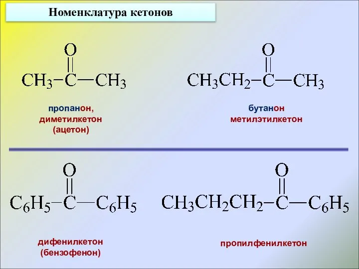 Номенклатура кетонов бутанон метилэтилкетон пропанон, диметилкетон (ацетон) дифенилкетон (бензофенон) пропилфенилкетон