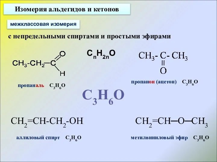 Изомерия альдегидов и кетонов межклассовая изомерия с непредельными спиртами и простыми