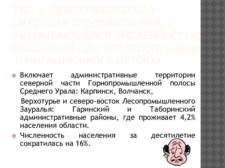 ТИП 3. ДЕМОГРАФИЧЕСКАЯ СИТУАЦИЯ ПРЕДКРИЗИСНАЯ, С УМЕНЬШАЮЩЕЙСЯ ЧИСЛЕННОСТЬЮ НАСЕЛЕНИЯ (ЗА СЧЁТ