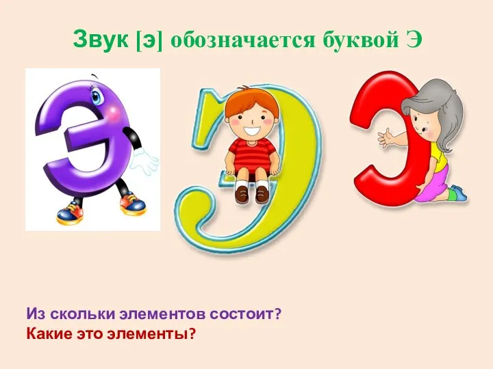 Звук [э] обозначается буквой Э Из скольки элементов состоит? Какие это элементы?