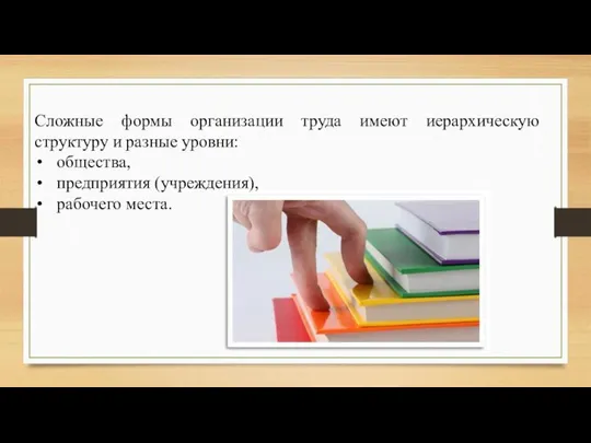 Сложные формы организации труда имеют иерархическую структуру и разные уровни: общества, предприятия (учреждения), рабочего места.