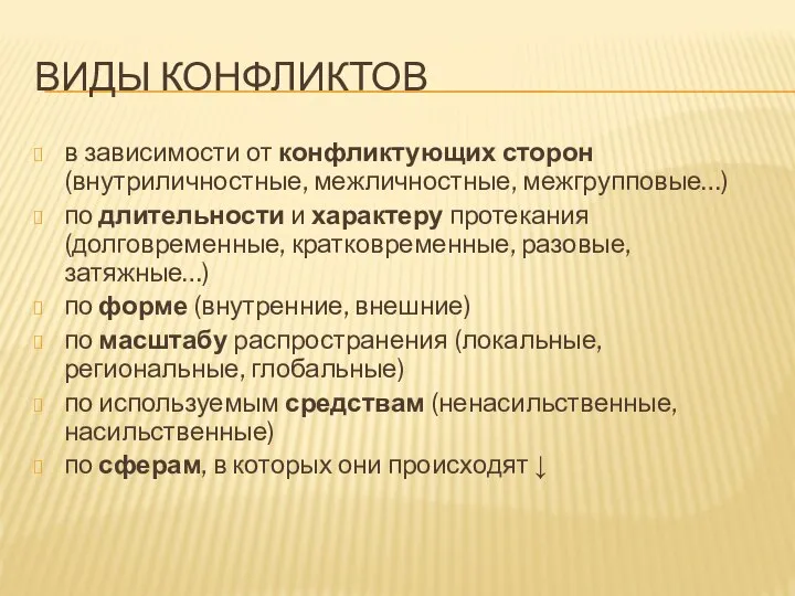 ВИДЫ КОНФЛИКТОВ в зависимости от конфликтующих сторон (внутриличностные, межличностные, межгрупповые…) по