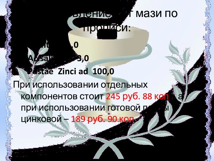 Изготовление 10 г мази по прописи: Rp: Mentholi 1,0 Ac.salicylici 3,0