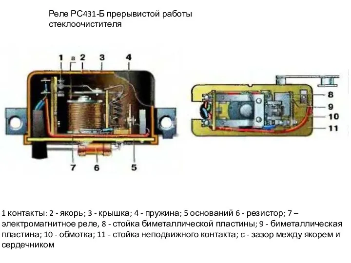 Реле РС431-Б прерывистой рабо­ты стеклоочистителя 1 контакты: 2 - якорь; 3