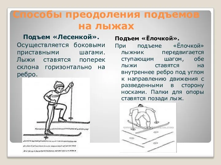 Способы преодоления подъемов на лыжах Подъем «Лесенкой». Осуществляется боковыми приставными шагами.