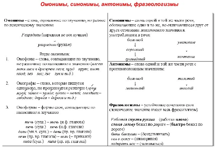 Омонимы, синонимы, антонимы, фразеологизмы